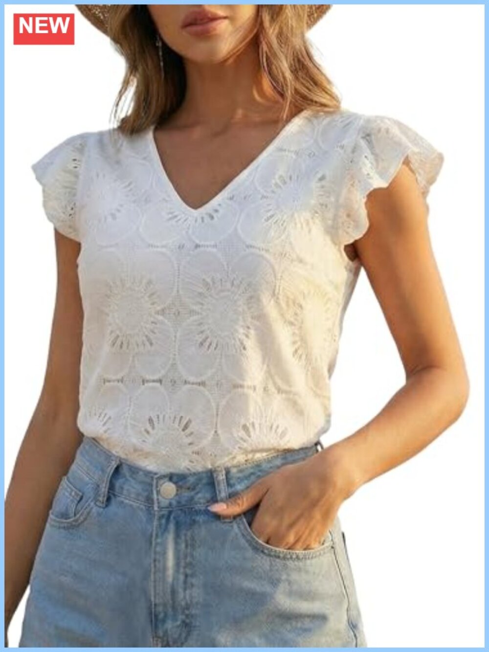Women's Lace Eyelet V Neck Short Sleeve Blouse Casual Top